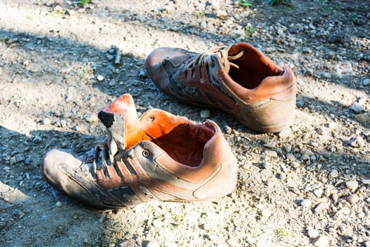 Worn and abandoned sport shoes in the back yard