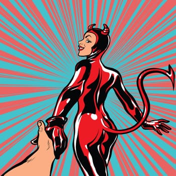 follow me, girl devil demon temptation, pop art retro comic book vector illustration