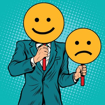 Smiley facial expressions happy and sad, pop art retro vector illustration