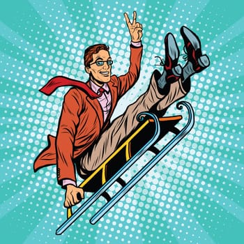 Retro man riding on a sled, pop art retro vector illustration. Winter sports, games and entertainment