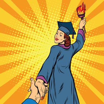 follow me, education university knowledge woman, pop art retro vector illustration. College graduate