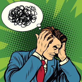 Male headache confused, pop art retro vector illustration. Psychology and brain disease