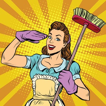 Female cleaner cleaning company pop art, vector illustration. Housewife in retro style