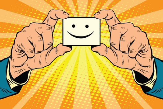 joy Smiley face in hands, pop art retro vector illustration