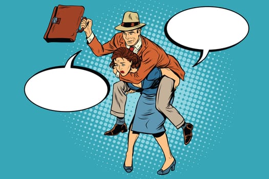 Business people man riding on woman, attack, pop art retro comic drawing illustration. Gender inequality. Career men and women