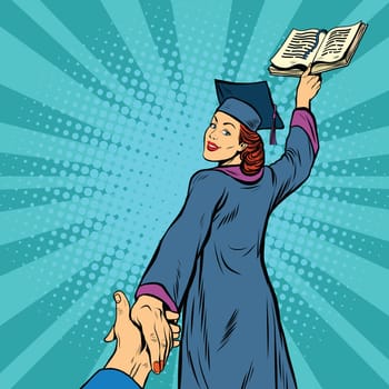 follow me, a woman student graduate knowledge education, pop art retro vector illustration