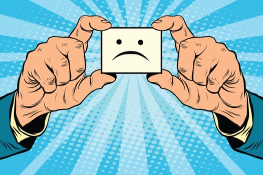 sadness Smiley face in hands, pop art retro vector illustration