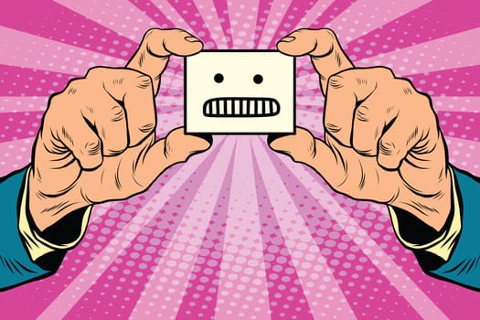 anger Smiley face in hands, pop art retro vector illustration