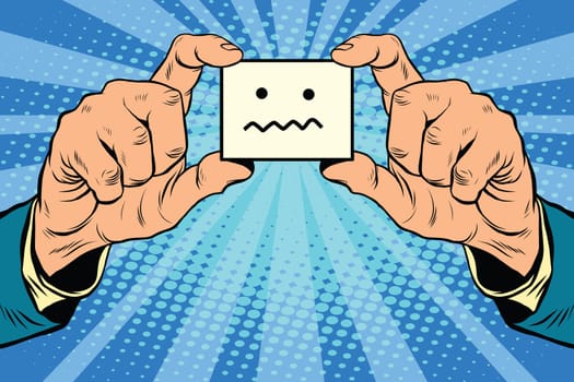 silence Smiley face in hands, pop art retro vector illustration