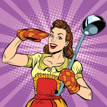 Retro housewife in kitchen, pop art  vector illustration. Cooking and food