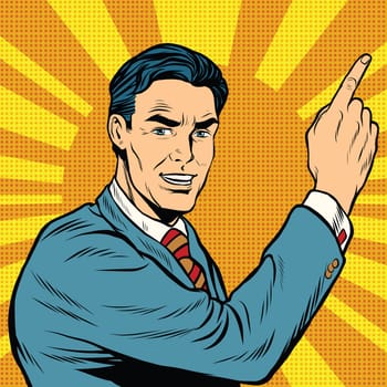 Male finger points, retro background pop art comic drawing illustration