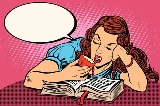 Woman reading a book and eating an Apple, pop art retro vector illustration