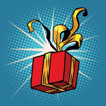 Red gift box with Golden ribbons, pop art retro vector illustration