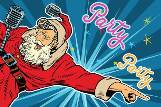 Pop art invitation to a Christmas party, retro vector illustration. Santa Claus singer