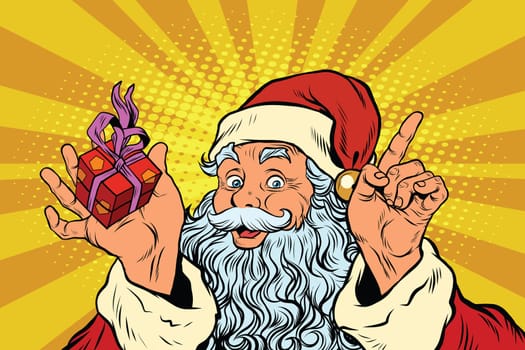 Santa Claus with gift box, pop art retro vector illustration. Holidays New year and Christmas