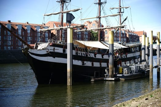 Bremen,Germany - August 30,2016: The Pannekoeken Schip Admiral Nelson,the replica of a frigate on the banks of the Weser on August 30,2016 in Bremen.