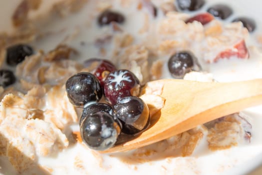 White bowl with healthy breakfast. Aronia and other berries with spelta  in milk