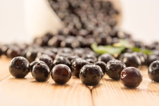 Fresh and tasty aronia spilled out of a bowl. Water droplets on fruit are visible