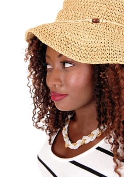 A closeup portrait image of a young African American woman wearing.a straw hat, isolated for white background..