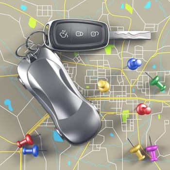 Car key on the map with local points of travel. Clipping path included.