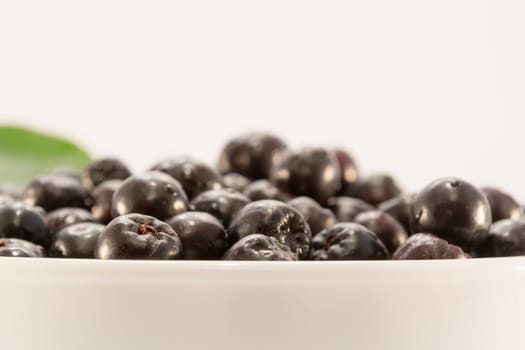Fresh and tasty aronia in a bowl. Water droplets on fruit are visible