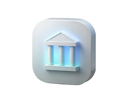 A modern and sleek holographic 3D icon of a museum, featuring classic columns and a roof, isolated on white background, symbolizing culture, history, and education with a minimalist and futuristic design.