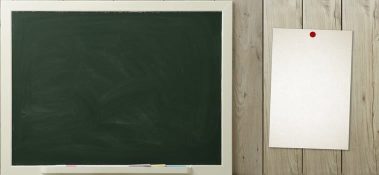a blackboard and paper hanging on the wall