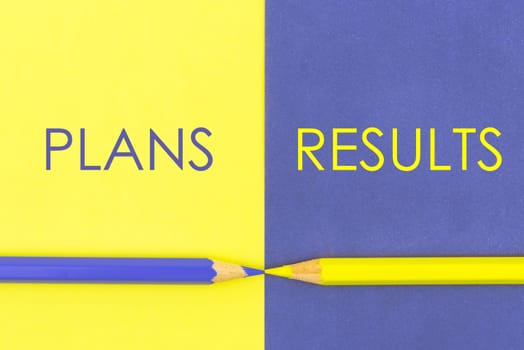 Plans versus Results contrast concept . Yellow and Violet coloured pencils and paper.