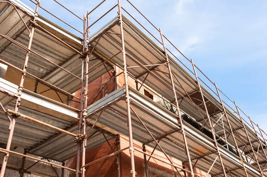 Construction scaffolding of a building under renovation.