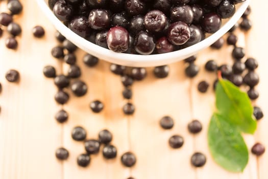 Fresh and tasty aronia spilled out of a bowl. Water droplets on fruit are visible