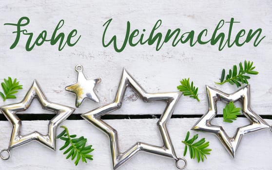 Merry Christmas Christmas Stars Natural Decoration on White Wood Background