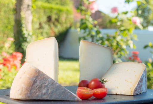 different french cheese with cherry tomatoes, outdoors
