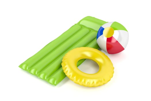 Pool raft, beach ball and swim ring on white background