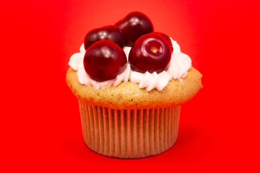 Cupcake with cherries isolated on red background