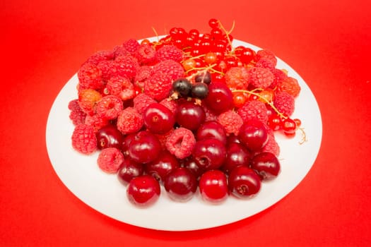 White plate with cherries, raspberries and currant on red background