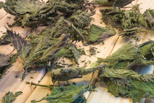 Dryed nettle on wooden table
