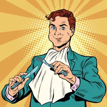 Retro man eats, in the hands holding a knife and fork, pop art retro comic book illustration