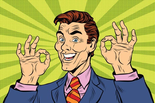 Smiling man gesture okay, pop art retro comic book illustration
