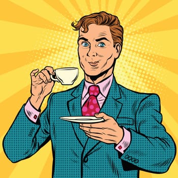 Retro businessman drinking tea, pop art comic book illustration. Business man in cafe