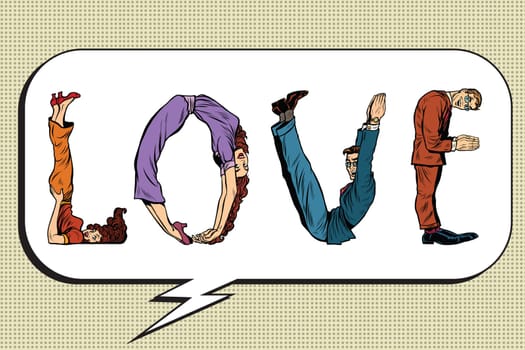 Love the inscription of human figures, pop art retro comic book illustration