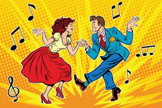 couple man and woman dancing, vintage dance, pop art retro comic book illustration