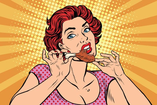 Woman eating a chicken leg, pop art retro comic book illustration. Restaurant and fast food, homemade food
