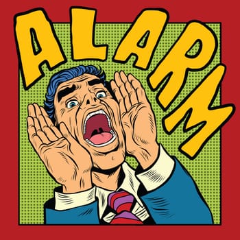 Alarm screams pop art man, retro comic book illustration