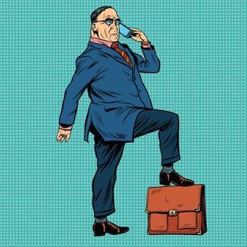 Boss business people, pop art retro illustration realistic drawing. A businessman puts his foot on the briefcase. Talking on the phone