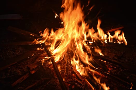 big wooden campfire at night