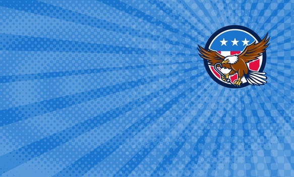 Business Card showing illustration of an american bald eagle clutching towing j hook with its talon viewed from side set inside circle with usa stars and stripes flag in the background done in retro style. ...