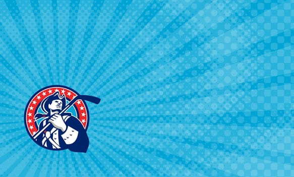 Business Card showing Illustration of an american patriot holding ice hockey stick looking to the side viewed from front set inside circle with stars in the background done in retro style. ..
