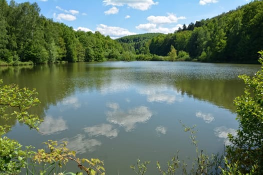 Small lake with reflection,blue sky,clouds and forest in the background