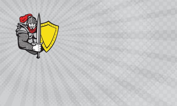 Business Card showing Illustration of a knight in full armor with open visor holding sword and shield viewed from the front set on isolated white background done in retro style. ...