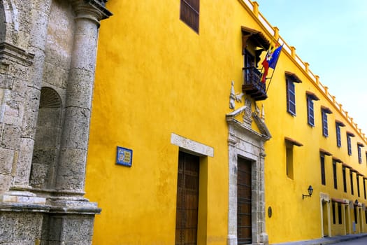 Beautiful yellow colonial architecture in the historic city of Cartagena, Colombia